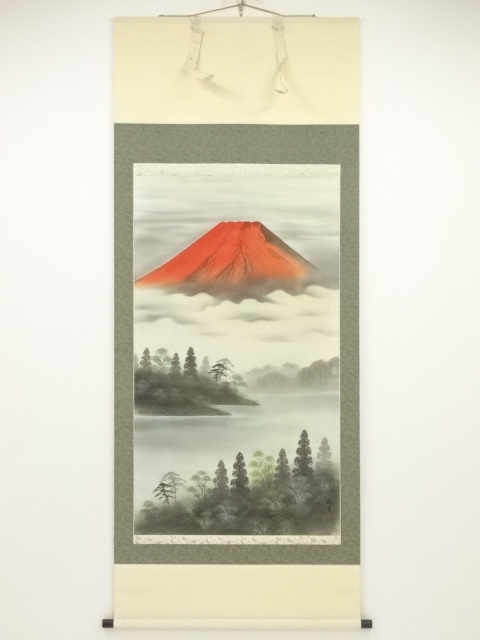 JAPANESE HANGING SCROLL / HAND PAINTED / RED Mt. FUJI 